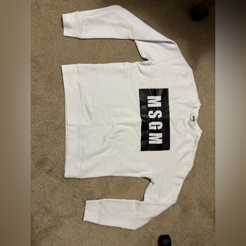 MSGM White Crewneck Sweater with Black Graphic